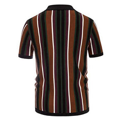 Formal Spread Collar Color Block Striped Button Front Men Summer Knit Shirt