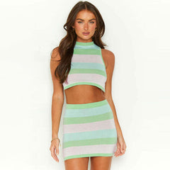 Fresh Green Striped Print Backless Crop Top and Mini Fitted Knit Skirt Matching Set