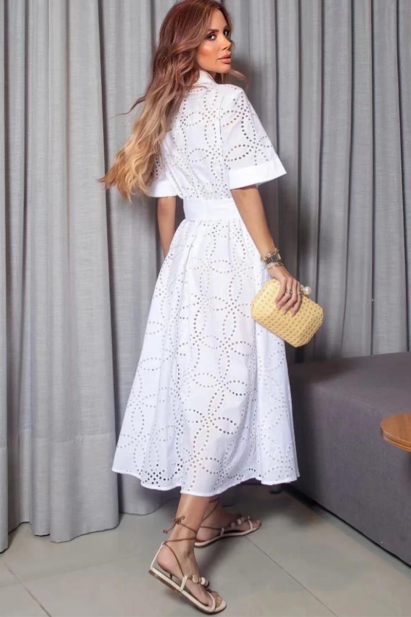 Fresno White Eyelet Button-Up Midi Dress