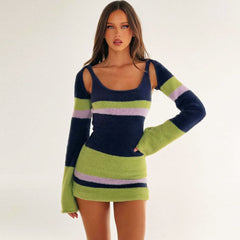 Fuzzy Green Striped Eyelash Knit Shrug and Sleeveless Dress Matching Set