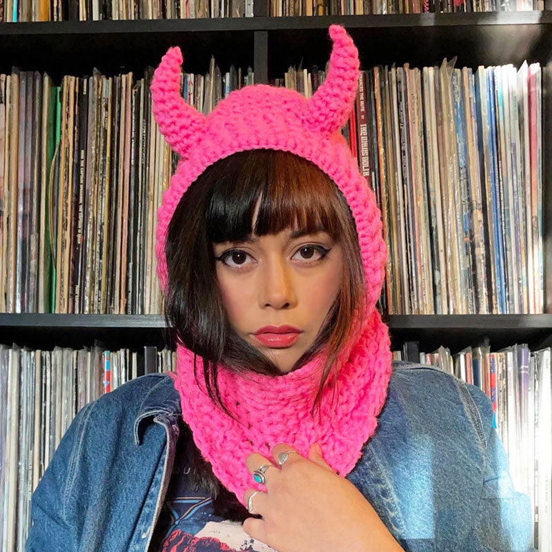 Halloween Solid Color Devil Horn Chunky Knit Hood Beanie