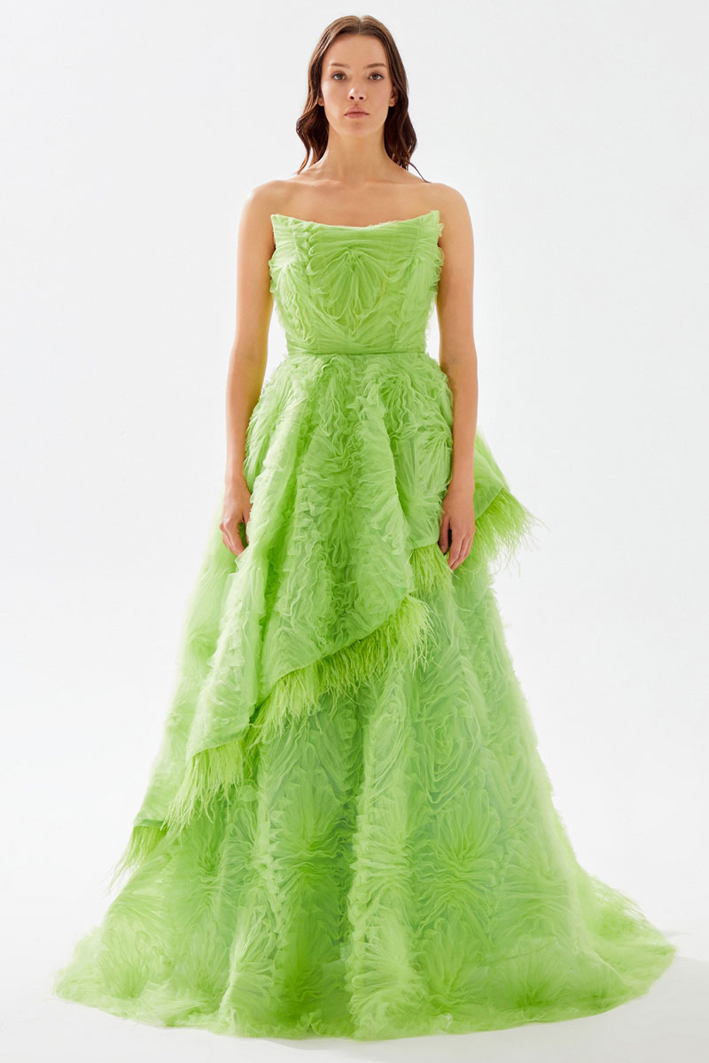 Henri Strapless Feather Trimmed Gown