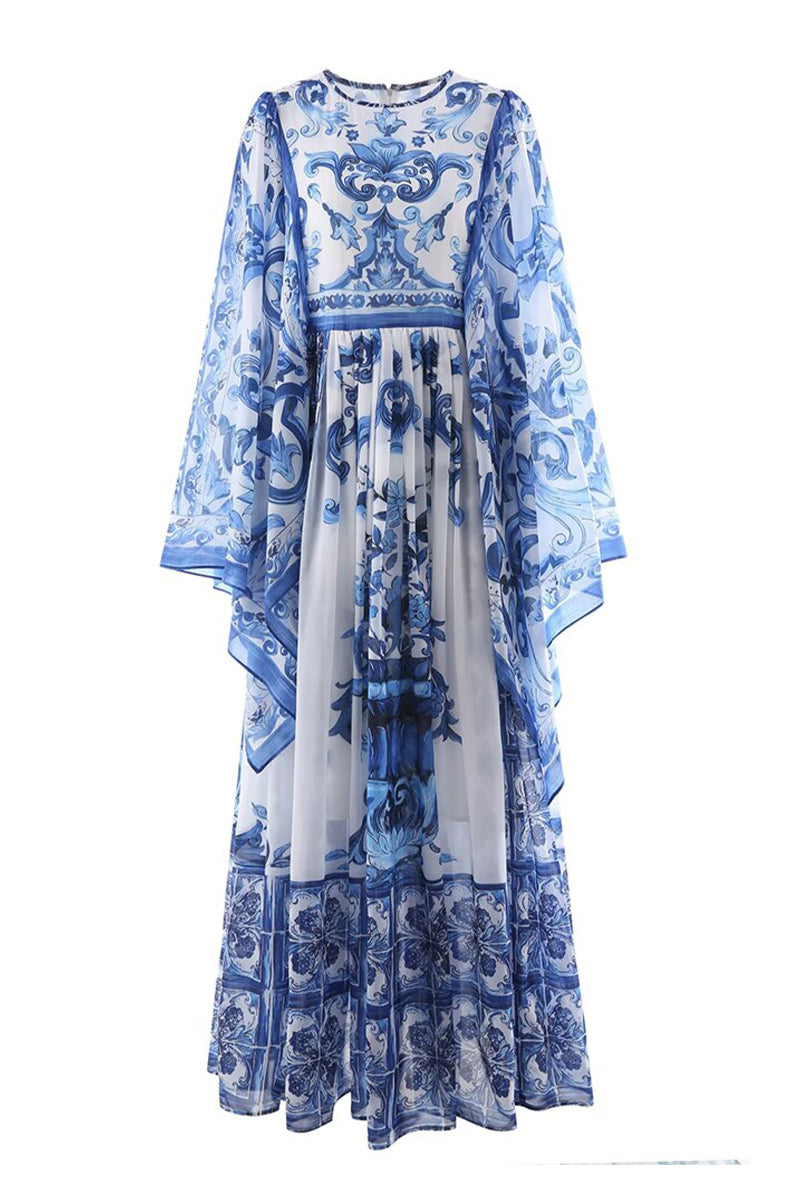 Holiday Glam Mediterraneo Print Kimono-Sleeve Maxi Dress