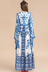 Holiday Glam Mediterraneo Print Kimono-Sleeve Maxi Dress