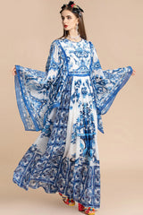 Holiday Glam Mediterraneo Print Kimono-Sleeve Maxi Dress