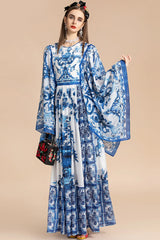 Holiday Glam Mediterraneo Print Kimono-Sleeve Maxi Dress