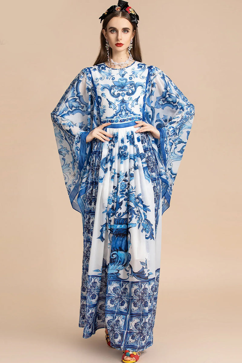 Holiday Glam Mediterraneo Print Kimono-Sleeve Maxi Dress