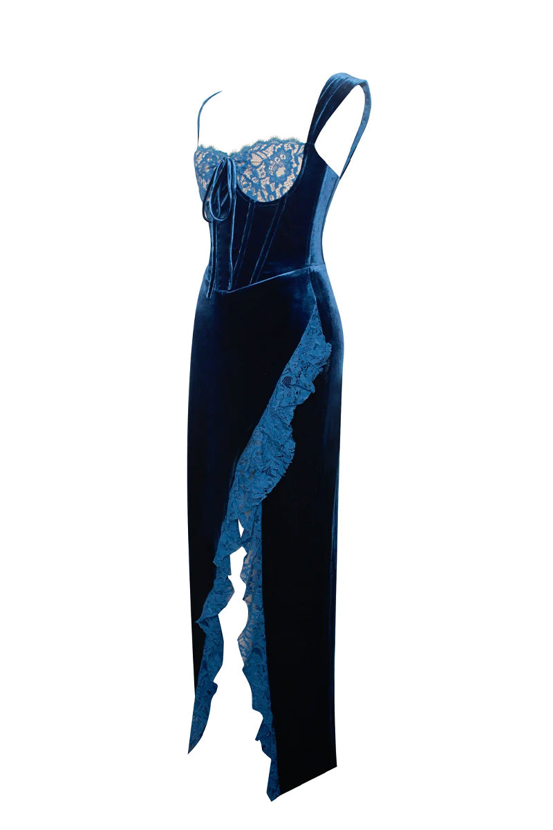 Issa Blue Lace Velvet Maxi Dress