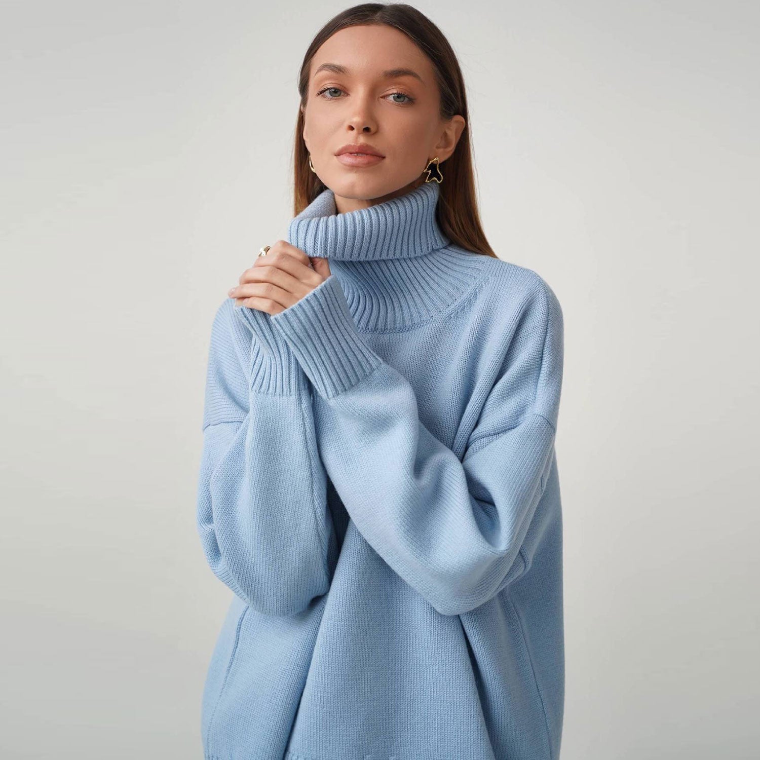 Oversized Rib Kit Leisure Turtleneck Long Sleeve Oversized Rib Knit High Low Pullover Sw ...