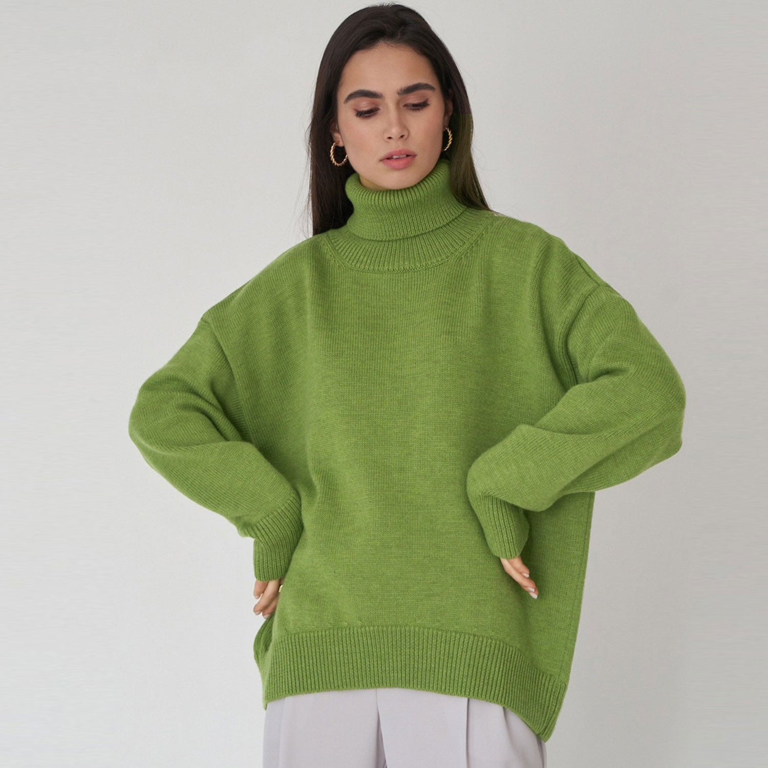 Oversized Rib Kit Leisure Turtleneck Long Sleeve Oversized Rib Knit High Low Pullover Sw ...