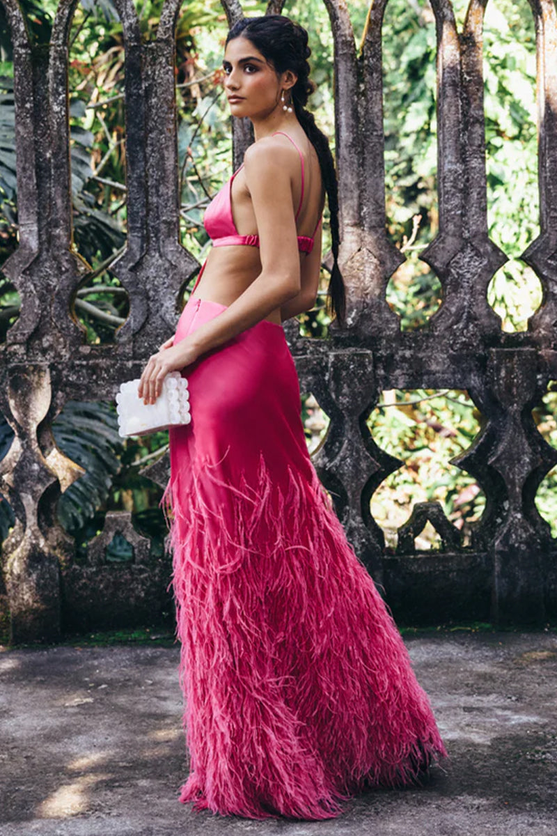 Lena Satin Cutout Ostrich Feather Maxi Dress