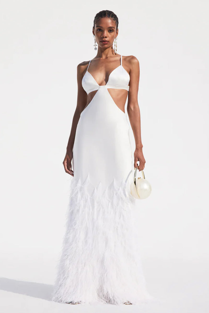 Lena Satin Cutout Ostrich Feather Maxi Dress