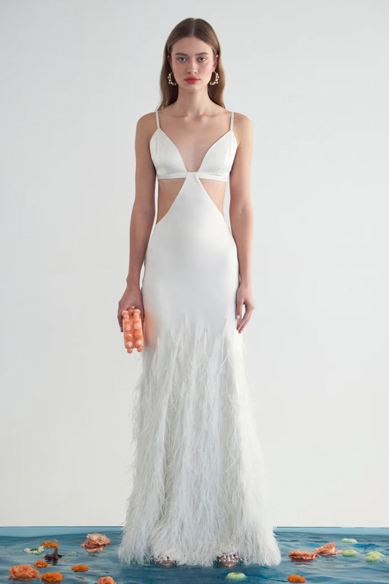 Lena Satin Cutout Ostrich Feather Maxi Dress