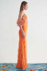 Lena Satin Cutout Ostrich Feather Maxi Dress