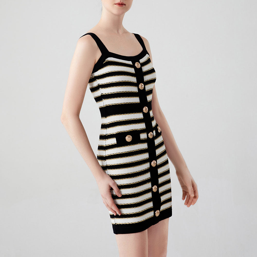 Luxury Buttoned Lurex Black and White Striped Knit Sleeveless Sweater Mini Dress