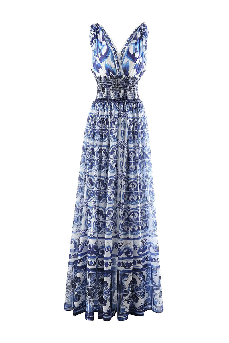 Mediterraneo Long Majolica Print Maxi Dress