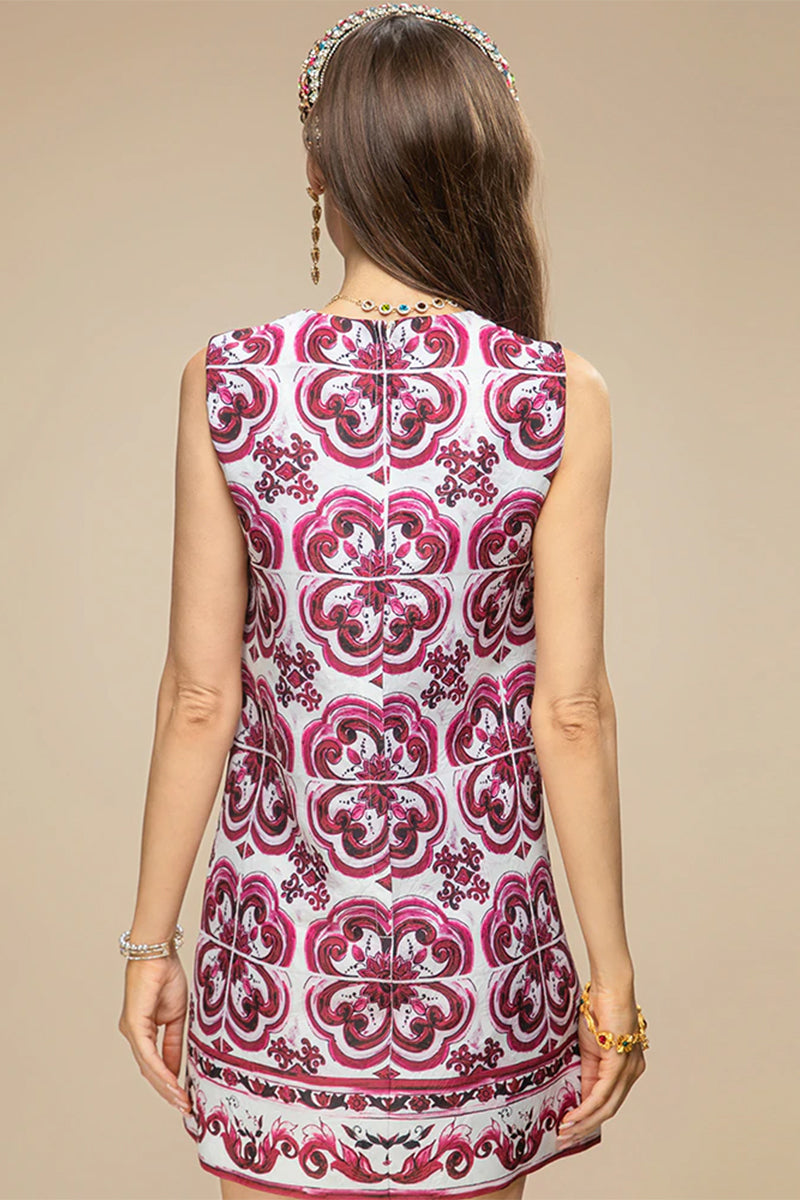 Mediterraneo Tile-Print Brocade Mini Dress