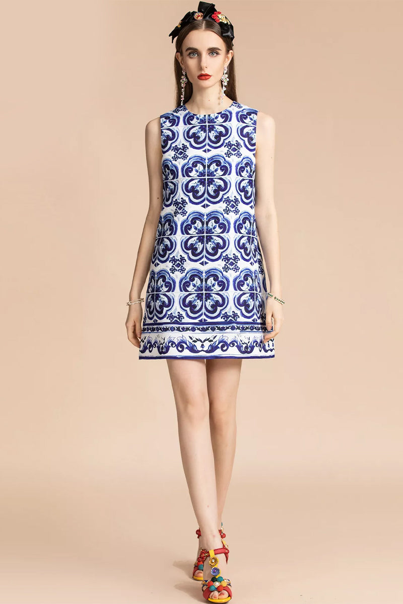 Mediterraneo Tile-Print Brocade Mini Dress