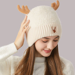 Merry Christmas Embroidered Chunky Rib Knit Earflap Elk Horn Beanie