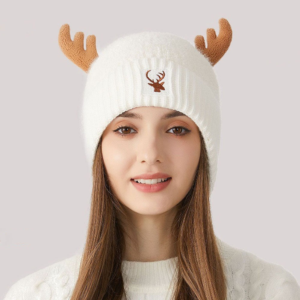 Merry Christmas Embroidered Chunky Rib Knit Earflap Elk Horn Beanie