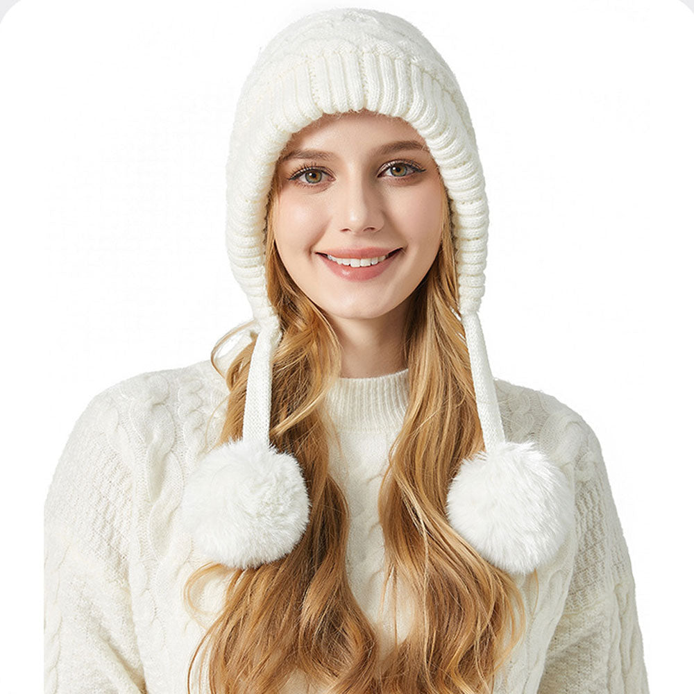 Merry Christmas Winter Chunky Rib Knit Pom Pom Earflap Beanie