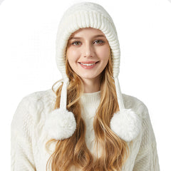 Merry Christmas Winter Chunky Rib Knit Pom Pom Earflap Beanie