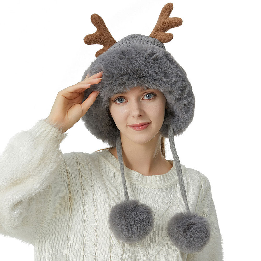 Merry Christmas Winter Faux Fur Pom Pom Earflap Elk Horn Knit Beanie