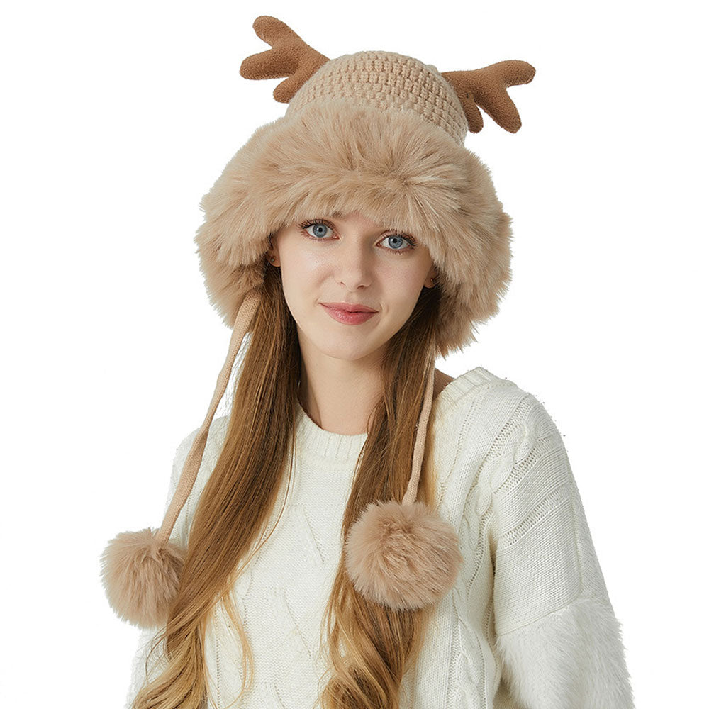 Merry Christmas Winter Faux Fur Pom Pom Earflap Elk Horn Knit Beanie