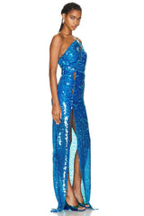 Mesmerizing Sky Blue Sequin One-Shoulder Maxi Dress