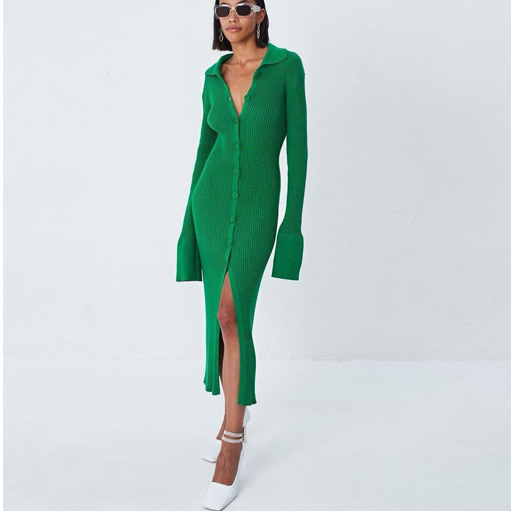 Minimalist Button Front Long Sleeve Collared Bodycon Green Midi Rib Knit Dress