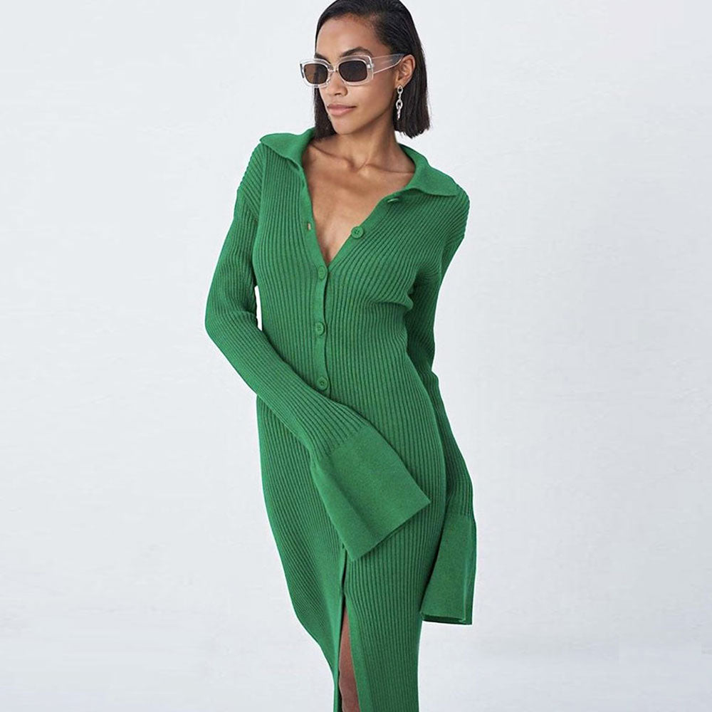 Minimalist Button Front Long Sleeve Collared Bodycon Green Midi Rib Knit Dress