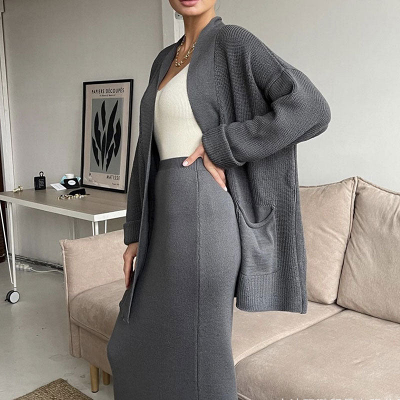 Minimalist Open Front Knit Cardigan and Bodycon Midi Skirt Matching Set