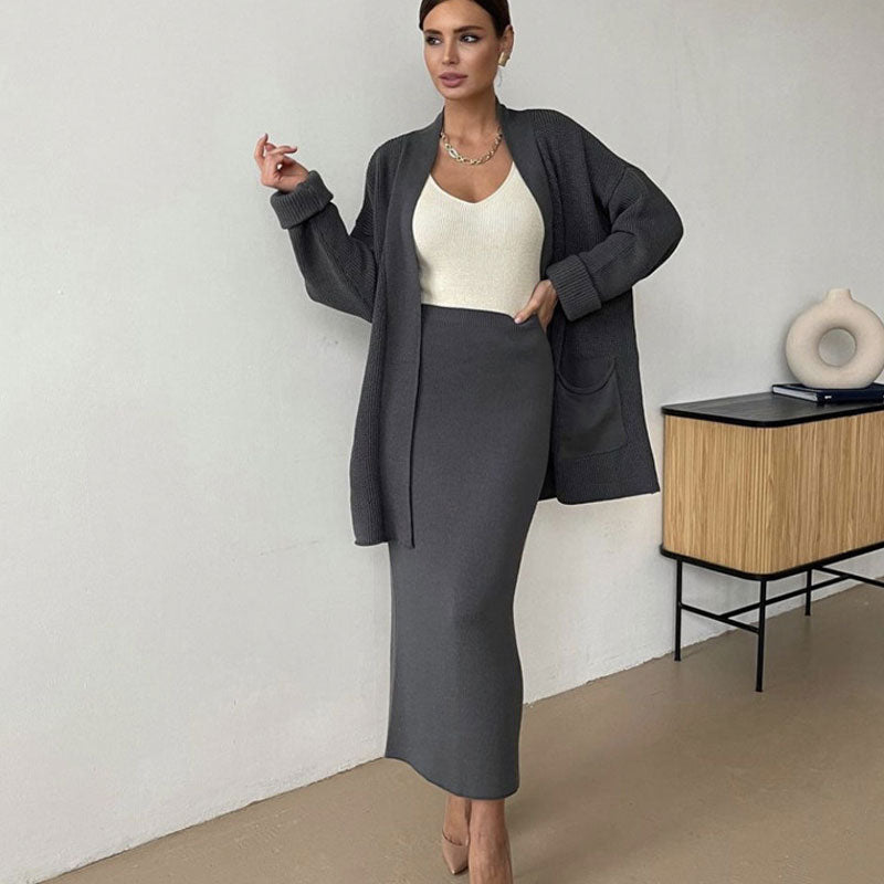 Minimalist Open Front Knit Cardigan and Bodycon Midi Skirt Matching Set