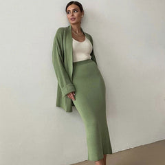 Minimalist Open Front Knit Cardigan and Bodycon Midi Skirt Matching Set