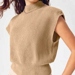 Minimalist Solid Color Mock Neck Cap Sleeve Brioche Knit Pullover Crop Sweater Vest