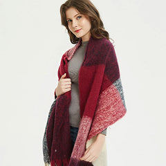 Multicolor Burgundy Check Pattern Fringe Trim Oversized Knit Scarf