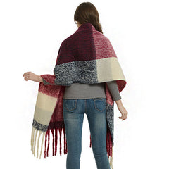 Multicolor Burgundy Check Pattern Fringe Trim Oversized Knit Scarf