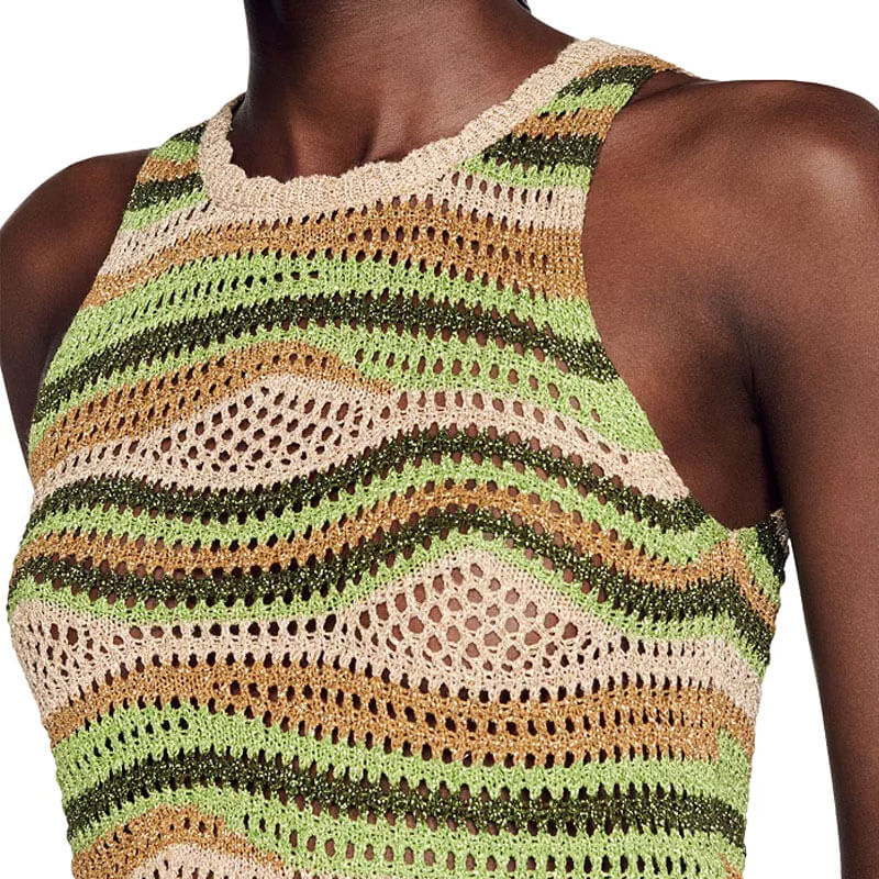 Multicolored Wavy Striped Scalloped Trim Crew Neck Crochet Open Knit Crop Tank Top