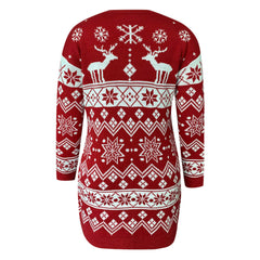 Nordic Fair Isle Red Christmas Snowflake Jacquard Knit Mini Sweater Dress