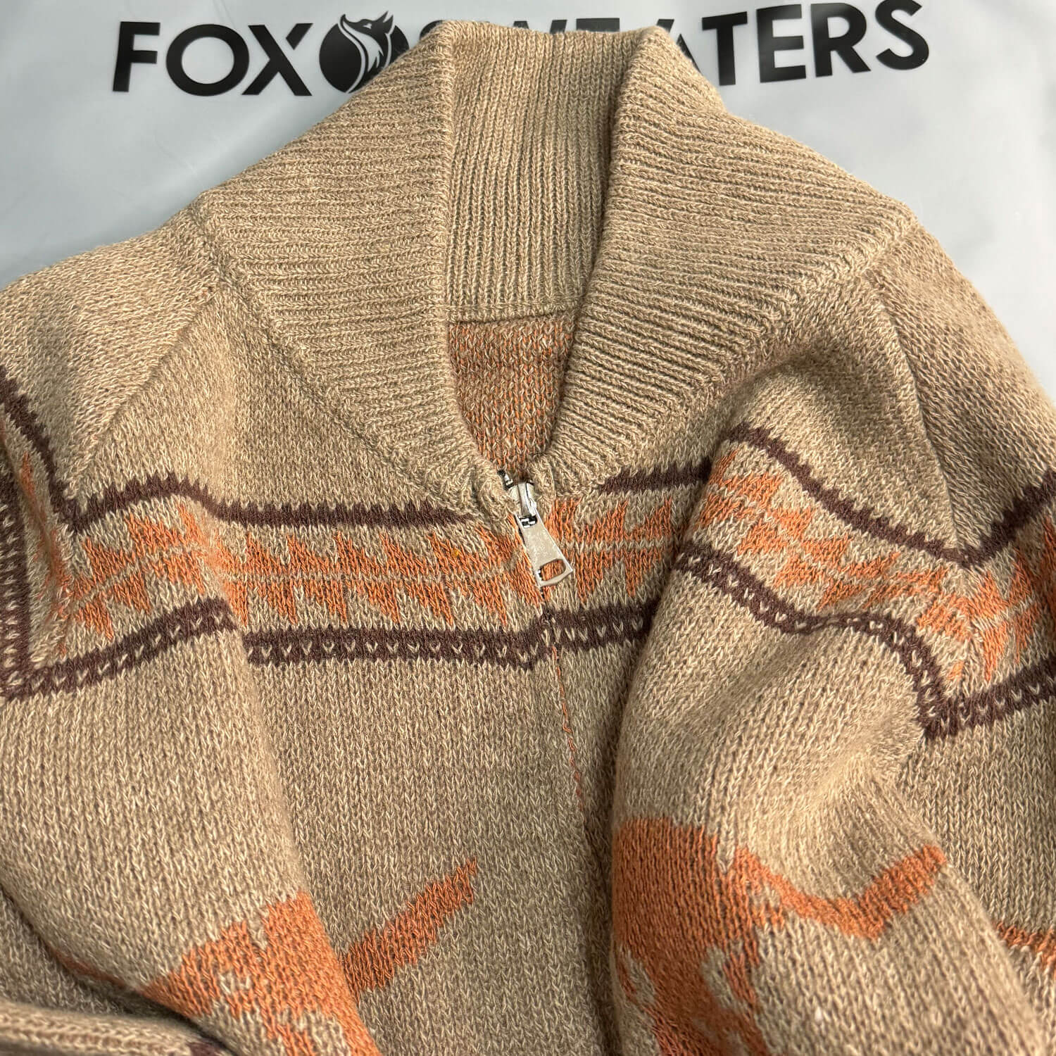 Nordic Fair Isle OX Jacquard Rib Knit Shawl Collar Men Winter Zip Up Cardigan