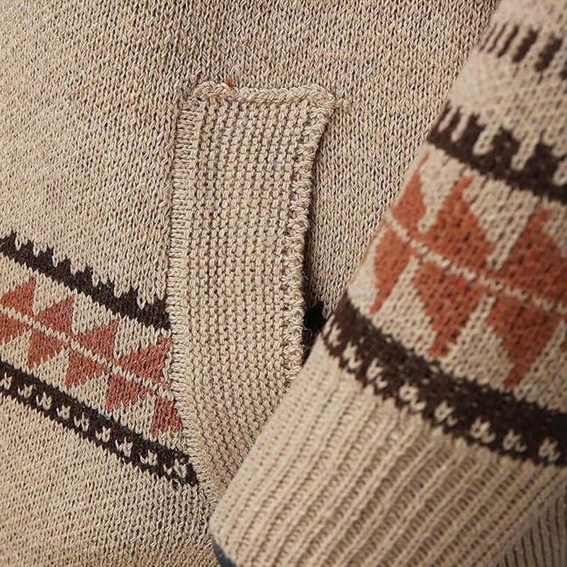 Nordic Fair Isle OX Jacquard Rib Knit Shawl Collar Men Winter Zip Up Cardigan