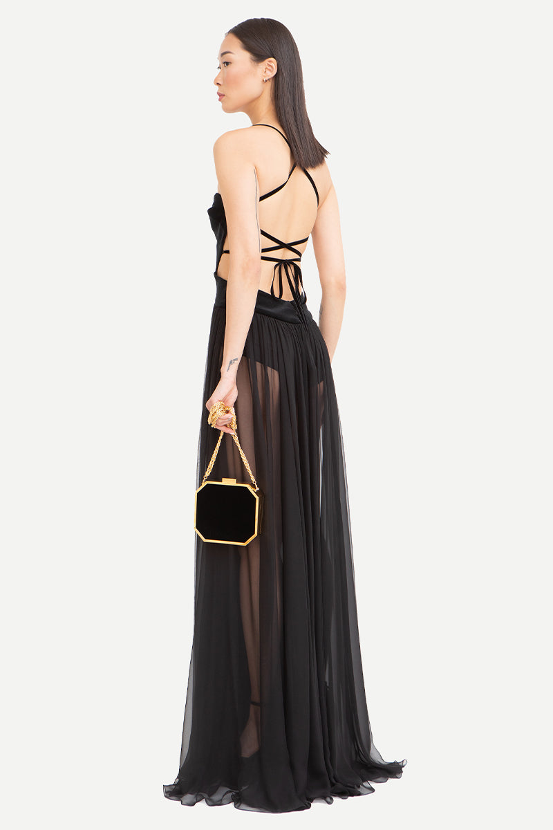 Philomena Sheer Black Backless Maxi Dress