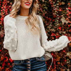 Pom Detail White Bishop Sleeve Crew Neck Pullover Knit Sweater