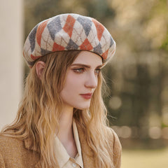 Preppy Style Color Panel Rhombus Pattern Wool Blend Beret Hat