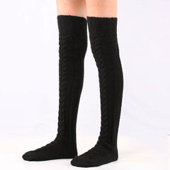 Preppy Style Monochrome Color Thigh High Cable Knit Socks