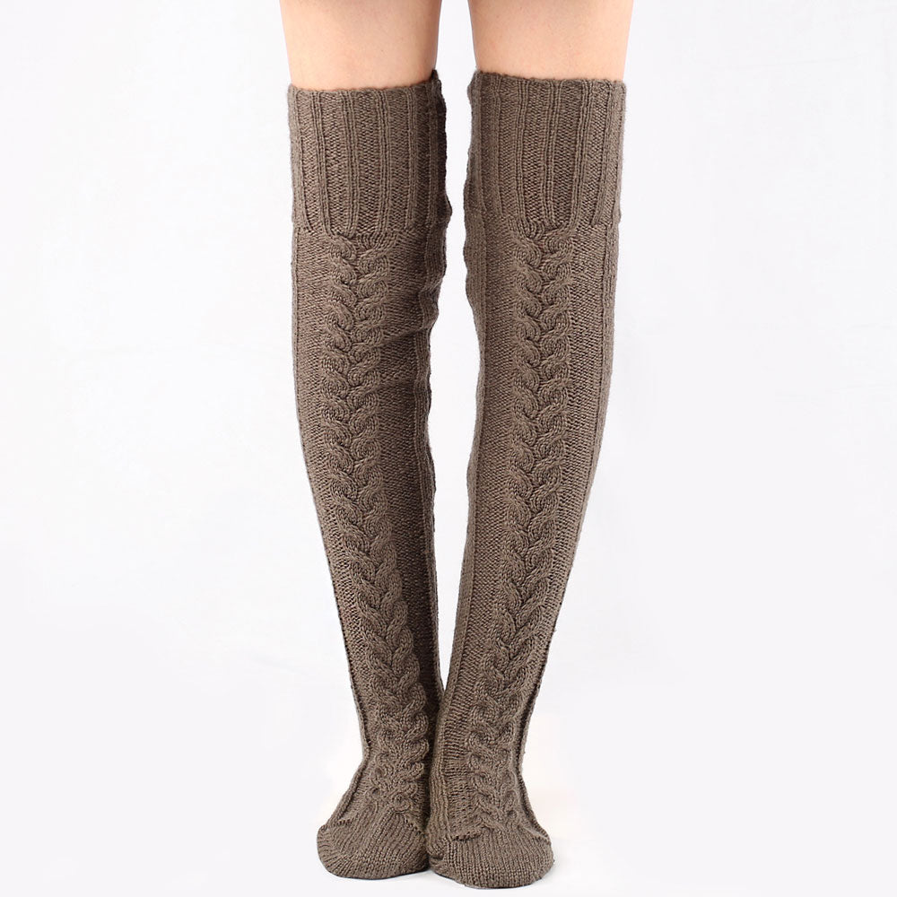 Preppy Style Monochrome Color Thigh High Cable Knit Socks