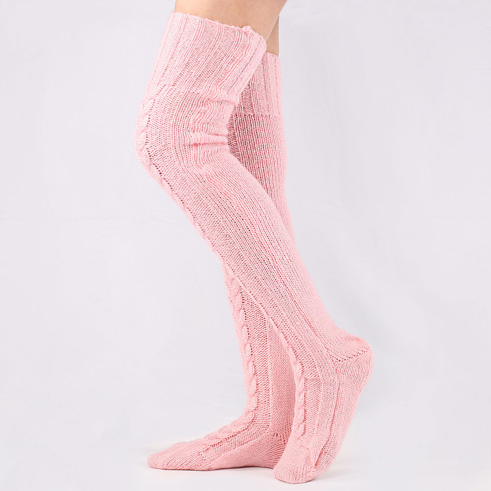 Preppy Style Monochrome Color Thigh High Cable Knit Socks