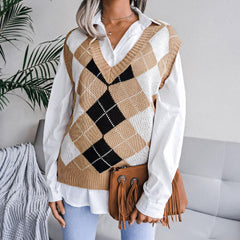 Preppy Style V Neck Argyle Pattern Jacquard Knit Sweater Vest