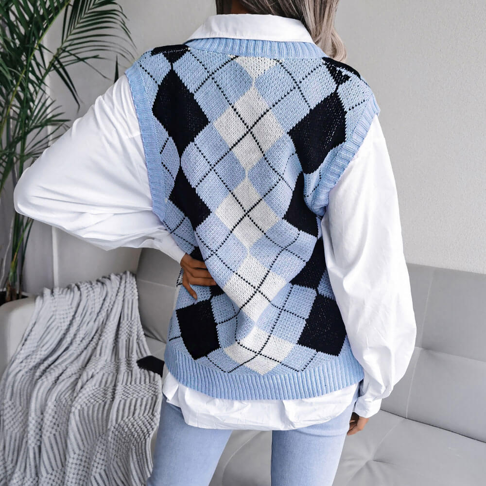 Preppy Style V Neck Argyle Pattern Jacquard Knit Sweater Vest