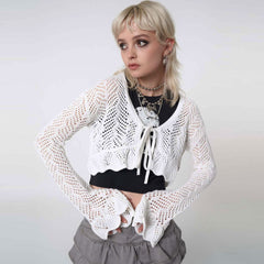 Pretty White Flare Sleeve Front Tie Ruffle Crochet Open Knit Crop Cardigan